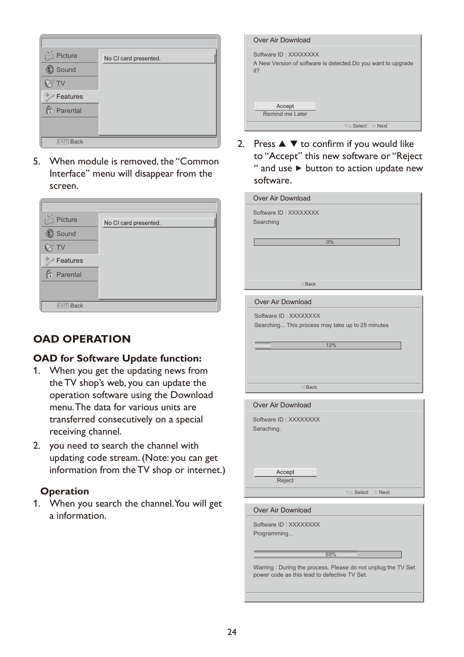 Oad operation, Fig. 67, Press | Button to action update new software | haier LT19A1 User Manual | Page 26 / 38