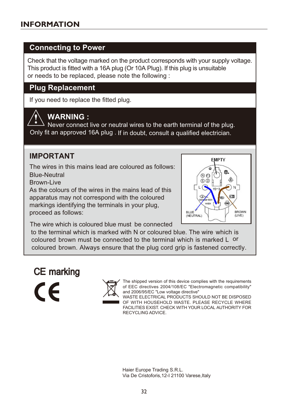 Specifications, Ce marking, Information | Important, Plug replacement connecting to power warning | haier LT19A1 User Manual | Page 34 / 38