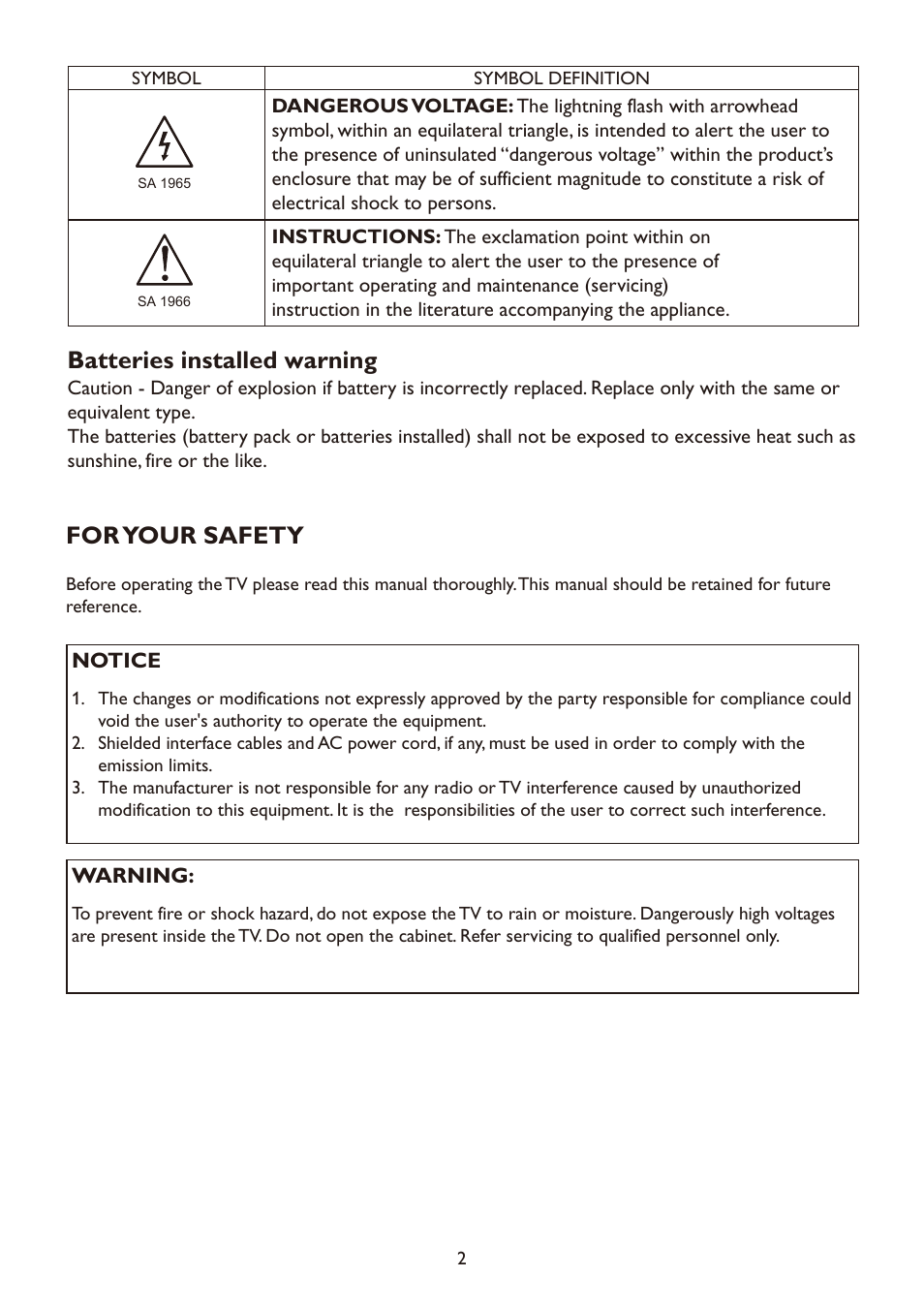 Batteries installed warning, For your safety | haier LT19A1 User Manual | Page 4 / 38