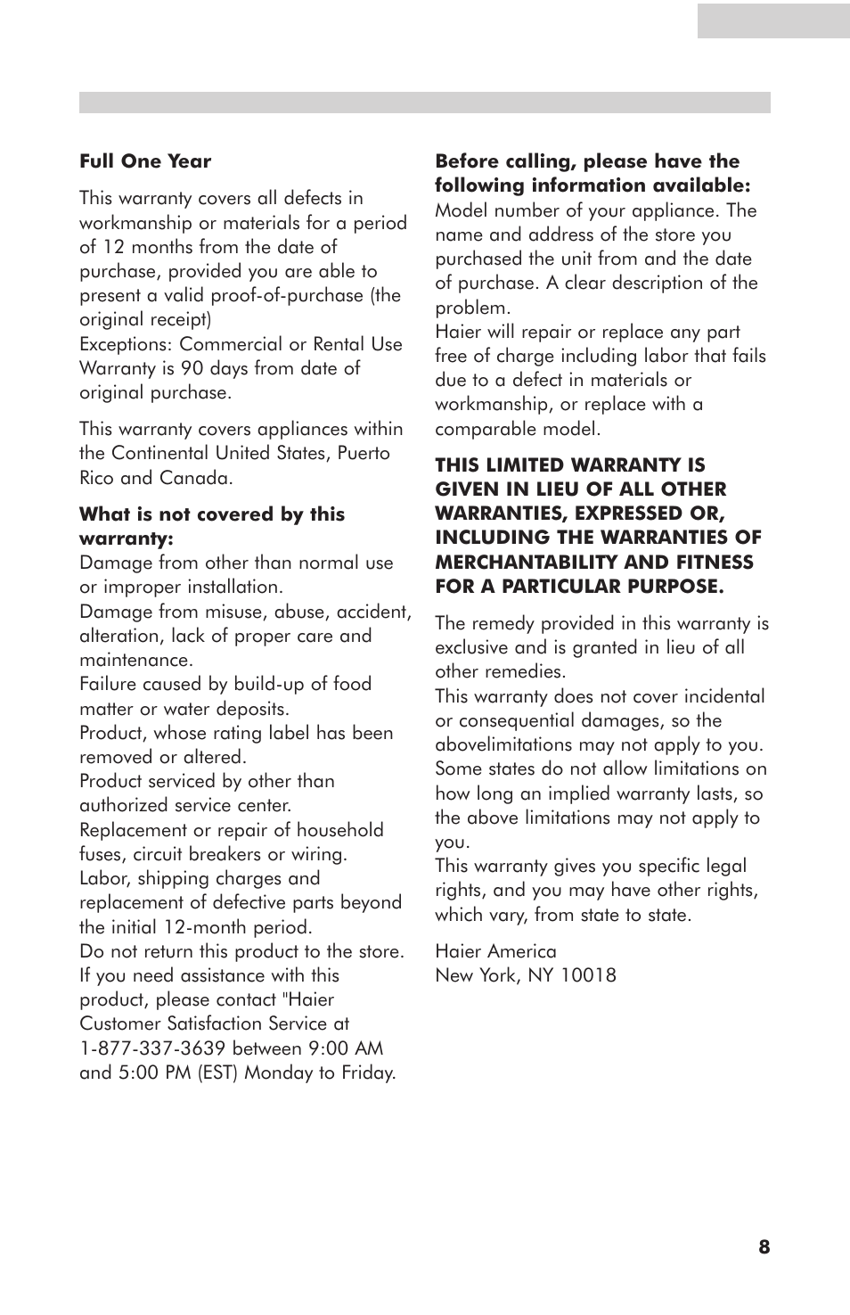 Limited warranty | haier HCS10B User Manual | Page 9 / 10