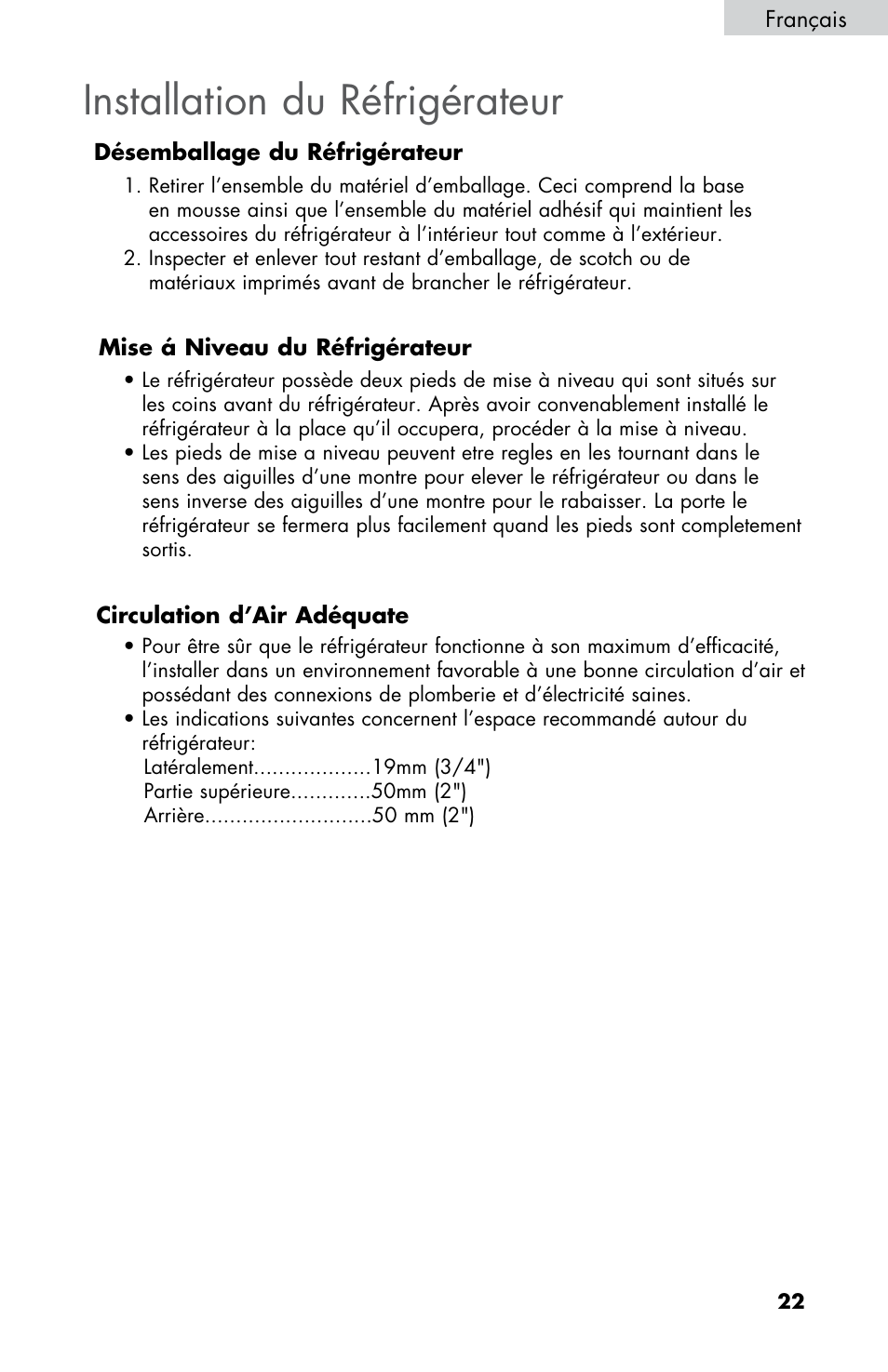 Installation du réfrigérateur | haier HNSE045 User Manual | Page 23 / 52