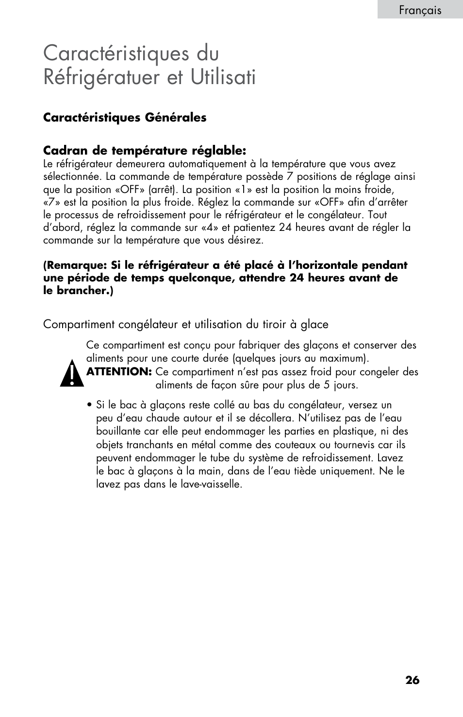 Caractéristiques du réfrigératuer et utilisati | haier HNSE045 User Manual | Page 27 / 52