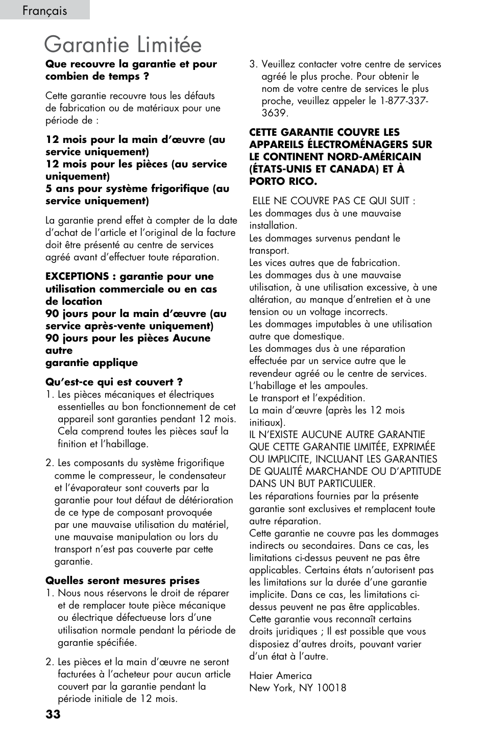 Garantie limitée, Français | haier HNSE045 User Manual | Page 34 / 52