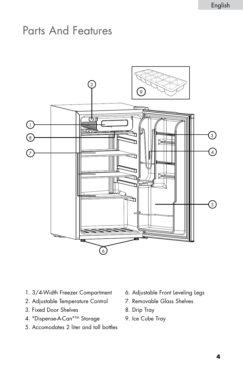Parts and features, English | haier HNSE045 User Manual | Page 5 / 52