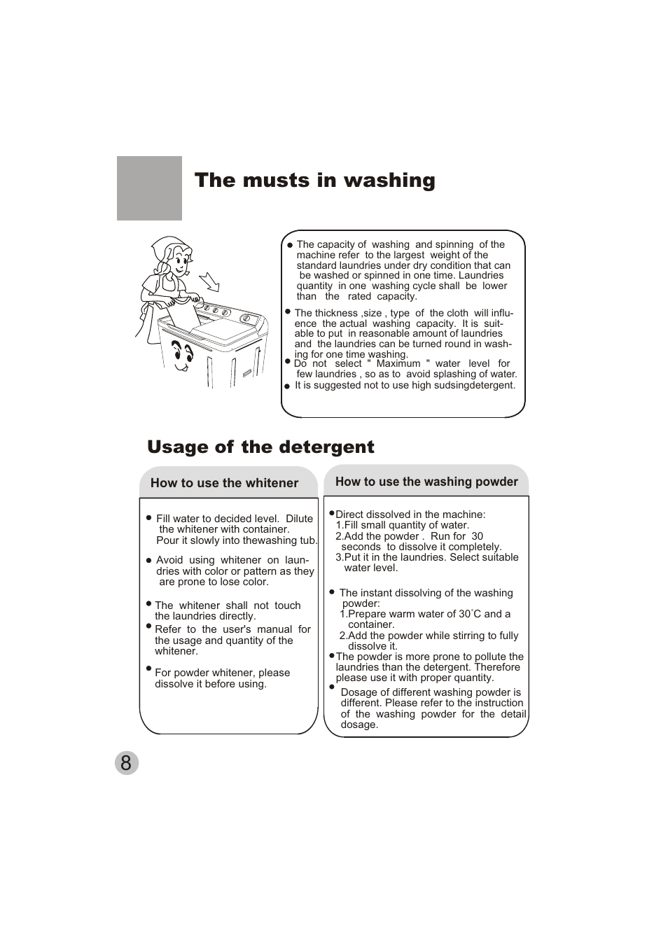 The musts in washing, Usage of the detergent | haier HWM150-0623S User Manual | Page 10 / 19