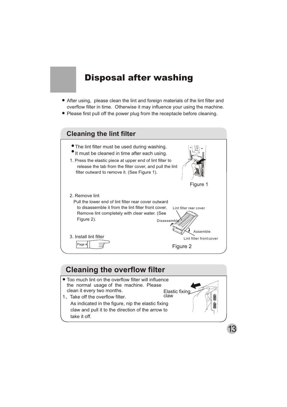 Disposal after washing, Cleaning the overflow filter, Cleaning the lint filter | haier HWM150-0623S User Manual | Page 15 / 19