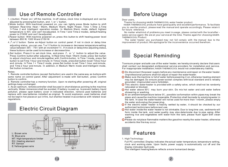 Before usage special reminding, Features, Use of remote controller | Electric circuit diagram, Actual heating keeping set | haier Silver Sea-ox FCD-JTHMG50-III User Manual | Page 3 / 8