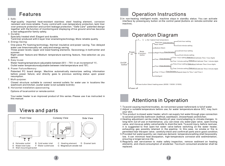 Features views and parts, Operation instructions, Attentions in operation | Operation diagram | haier Silver Sea-ox FCD-JTHMG50-III User Manual | Page 4 / 8