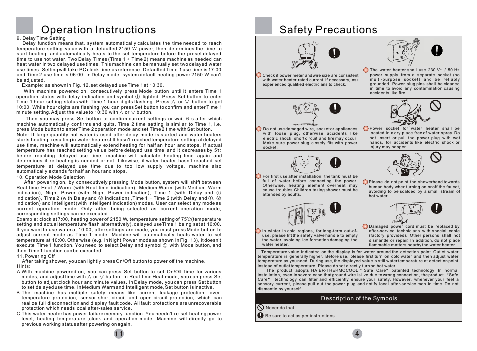 Safety precautions, Operation instructions, Haier c | haier Silver Sea-ox FCD-JTHMG50-III User Manual | Page 5 / 8