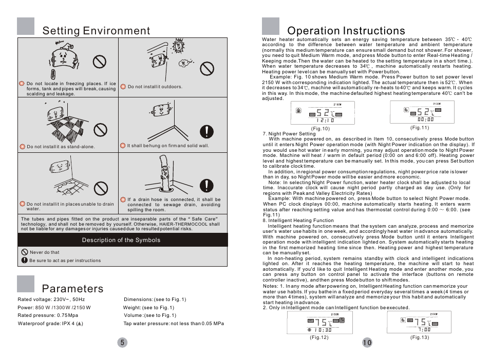 Parameters setting environment, Operation instructions | haier Silver Sea-ox FCD-JTHMG50-III User Manual | Page 6 / 8
