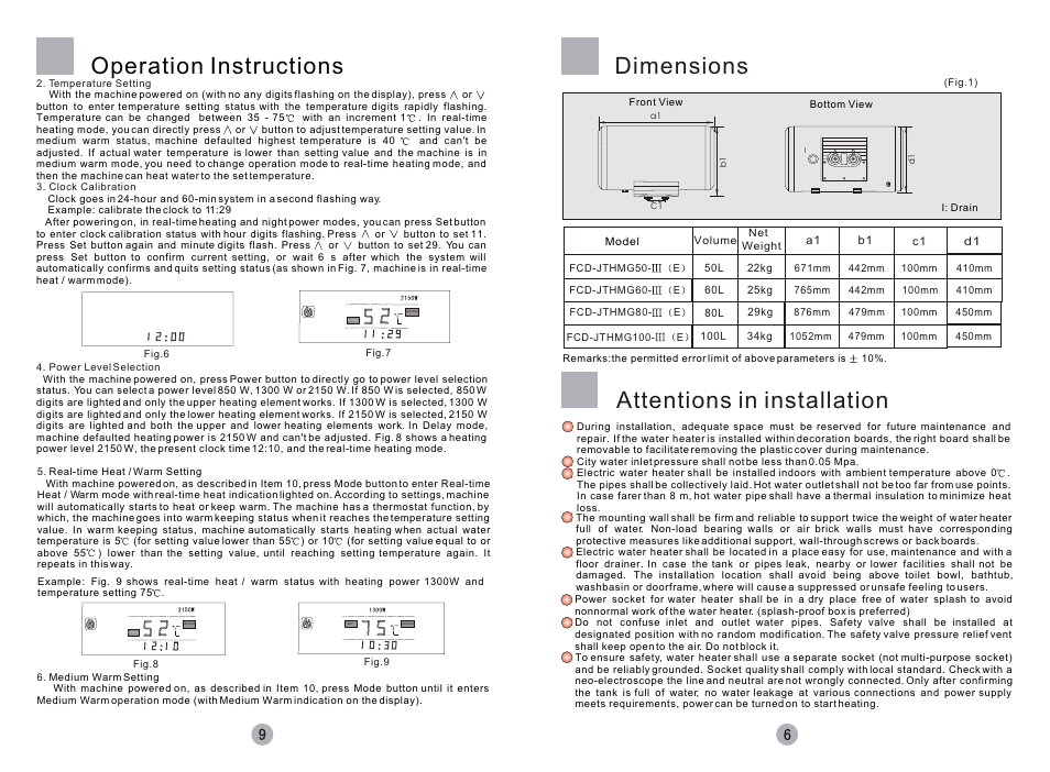 Operation instructions, Dimensions attentions in installation | haier Silver Sea-ox FCD-JTHMG50-III User Manual | Page 7 / 8