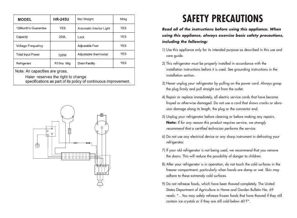 Safety precautions, Hr-245us wiring diagram | haier HR-245U User Manual | Page 3 / 8