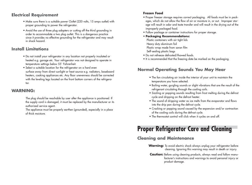 Proper refrigerator care and cleaning, Electrical requirement, Install limitations warning | Normal operating sounds you may hear, Cleaning and maintenance | haier HR-245U User Manual | Page 6 / 8