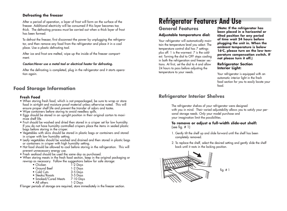 Refrigerator features and use, Food storage information, General features | Refrigerator interior shelves | haier HR-245U User Manual | Page 7 / 8