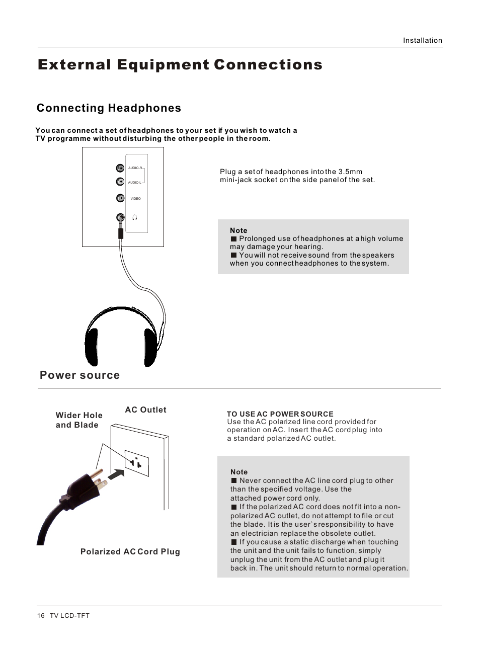 Т³гж 16, External equipment connections, Connecting headphones | Power source | haier HL42BG User Manual | Page 16 / 42