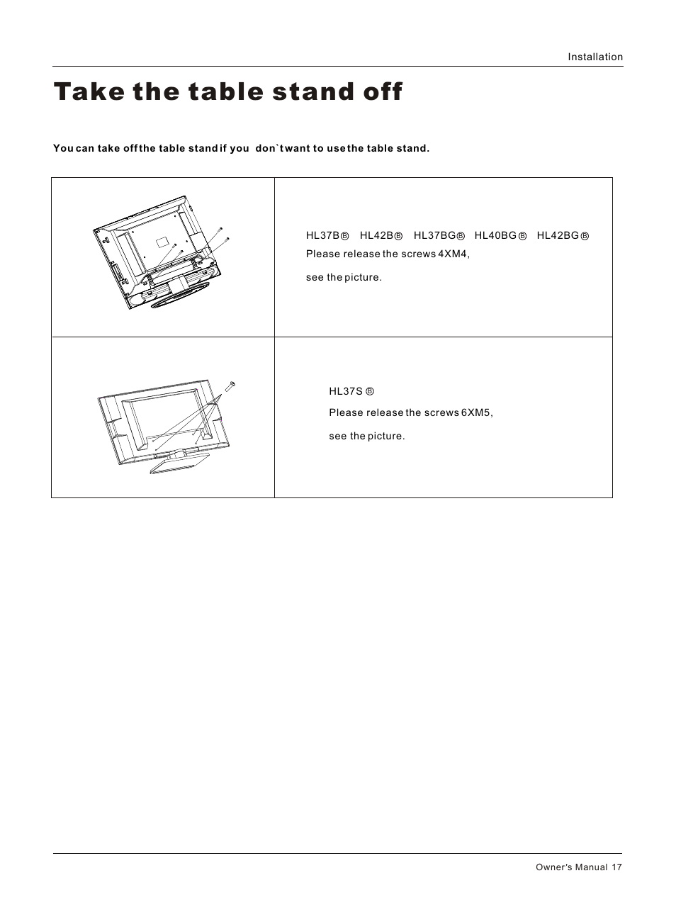 Т³гж 17, Take the table stand off | haier HL42BG User Manual | Page 17 / 42