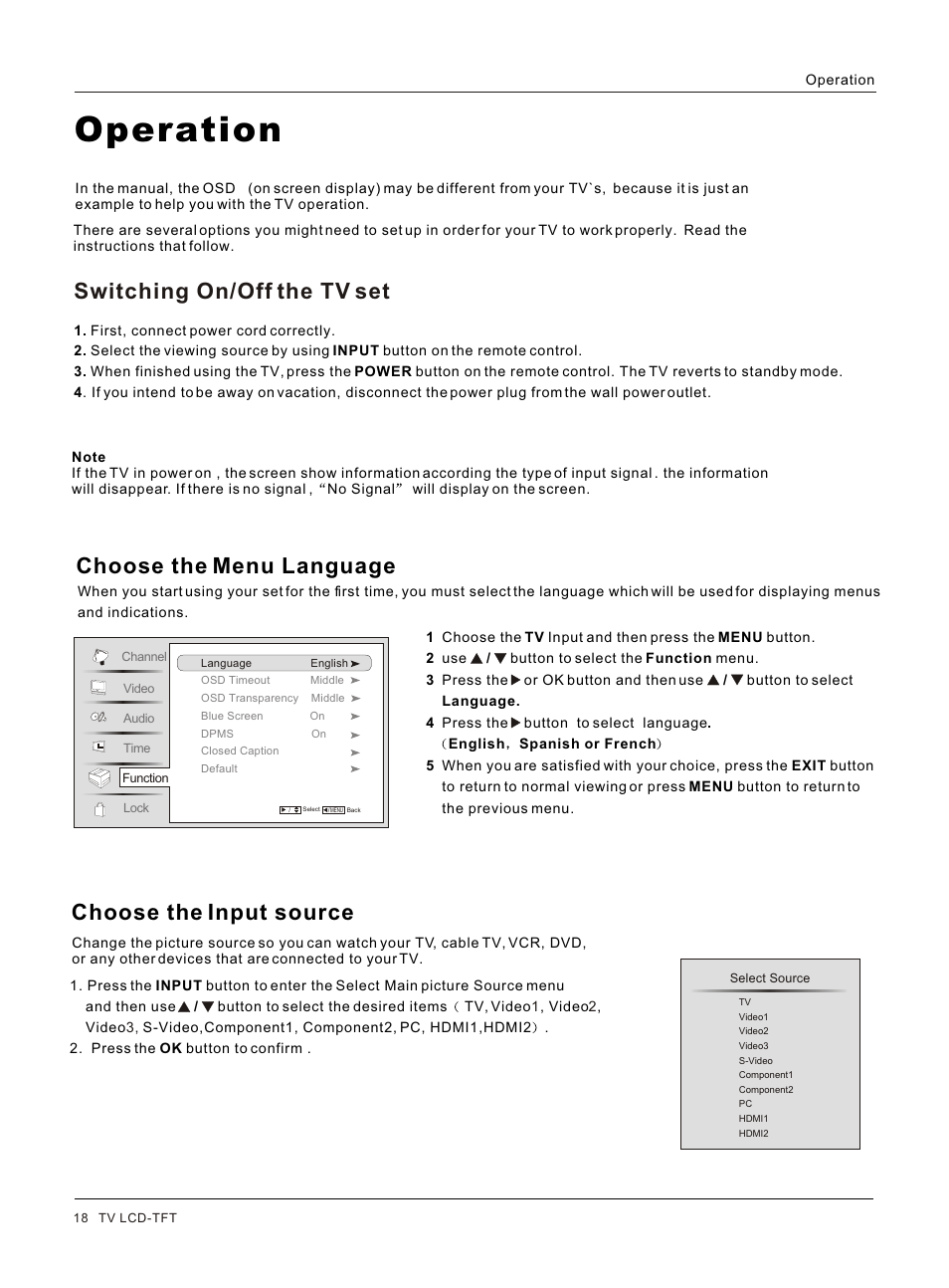 Т³гж 18, Operation, Choose the menu language | haier HL42BG User Manual | Page 18 / 42