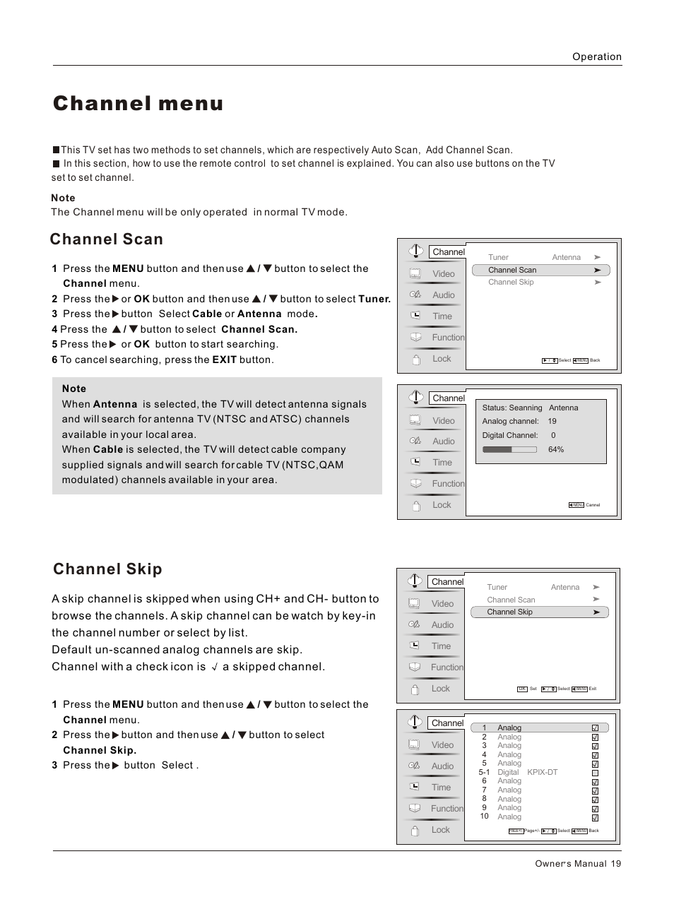 Т³гж 19, Channel menu, Channel scan channel skip | haier HL42BG User Manual | Page 19 / 42