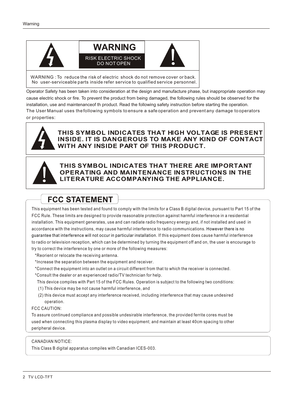 Т³гж 2, Warning, Fcc statement | haier HL42BG User Manual | Page 2 / 42