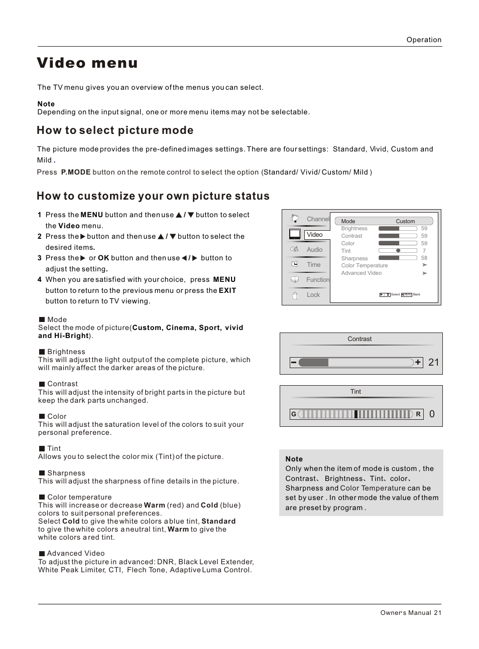 Т³гж 21, Video menu | haier HL42BG User Manual | Page 21 / 42