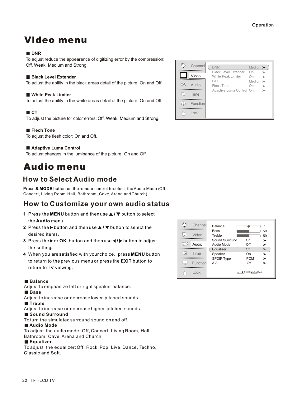 Т³гж 22, Audio menu, Video menu | How to select audio mode, How to customize your own audio status | haier HL42BG User Manual | Page 22 / 42