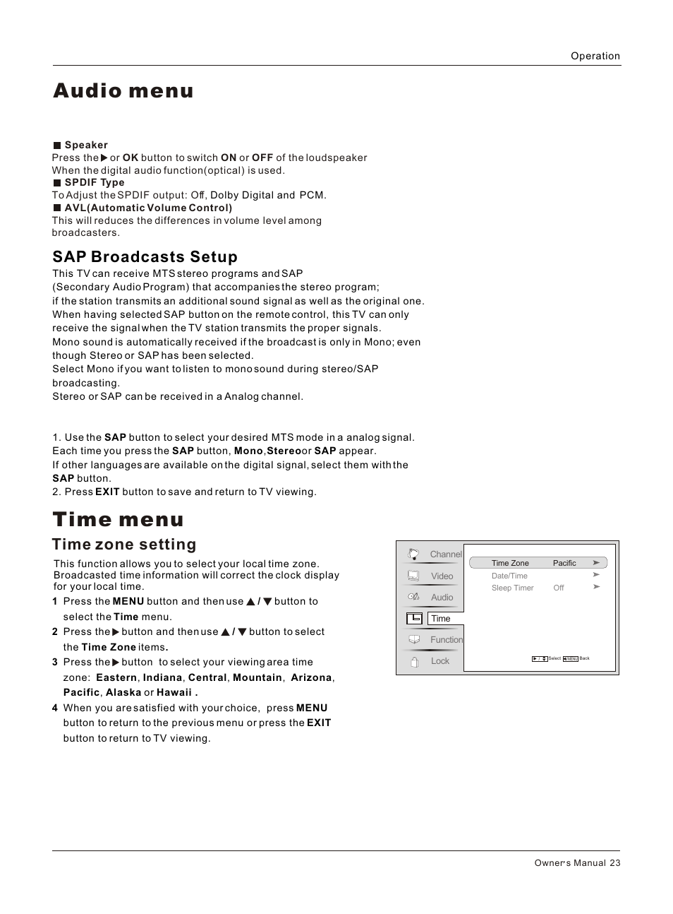 Т³гж 23, Audio menu, Time menu | Sap broadcasts setup, Time zone setting | haier HL42BG User Manual | Page 23 / 42