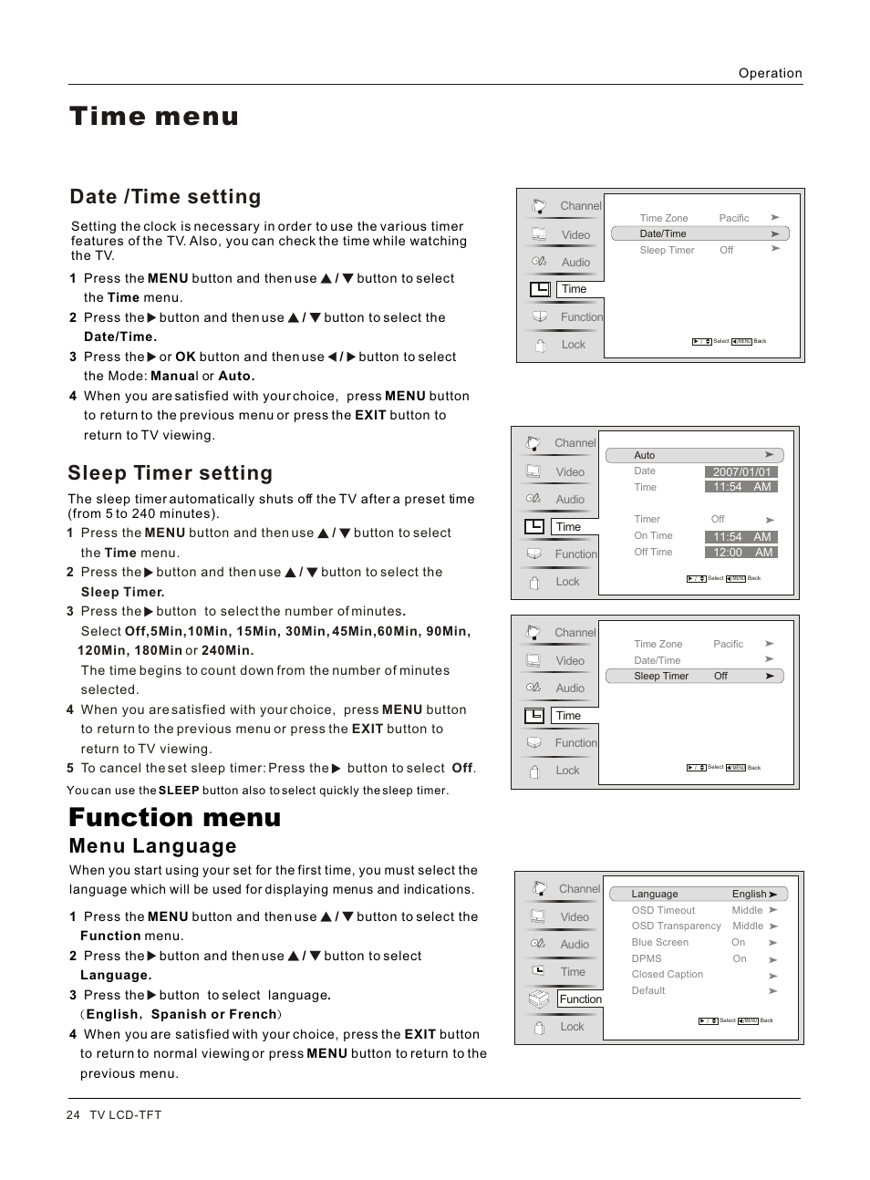 Т³гж 24, Time menu, Function menu | Sleep timer setting, Menu language, Date /time setting | haier HL42BG User Manual | Page 24 / 42