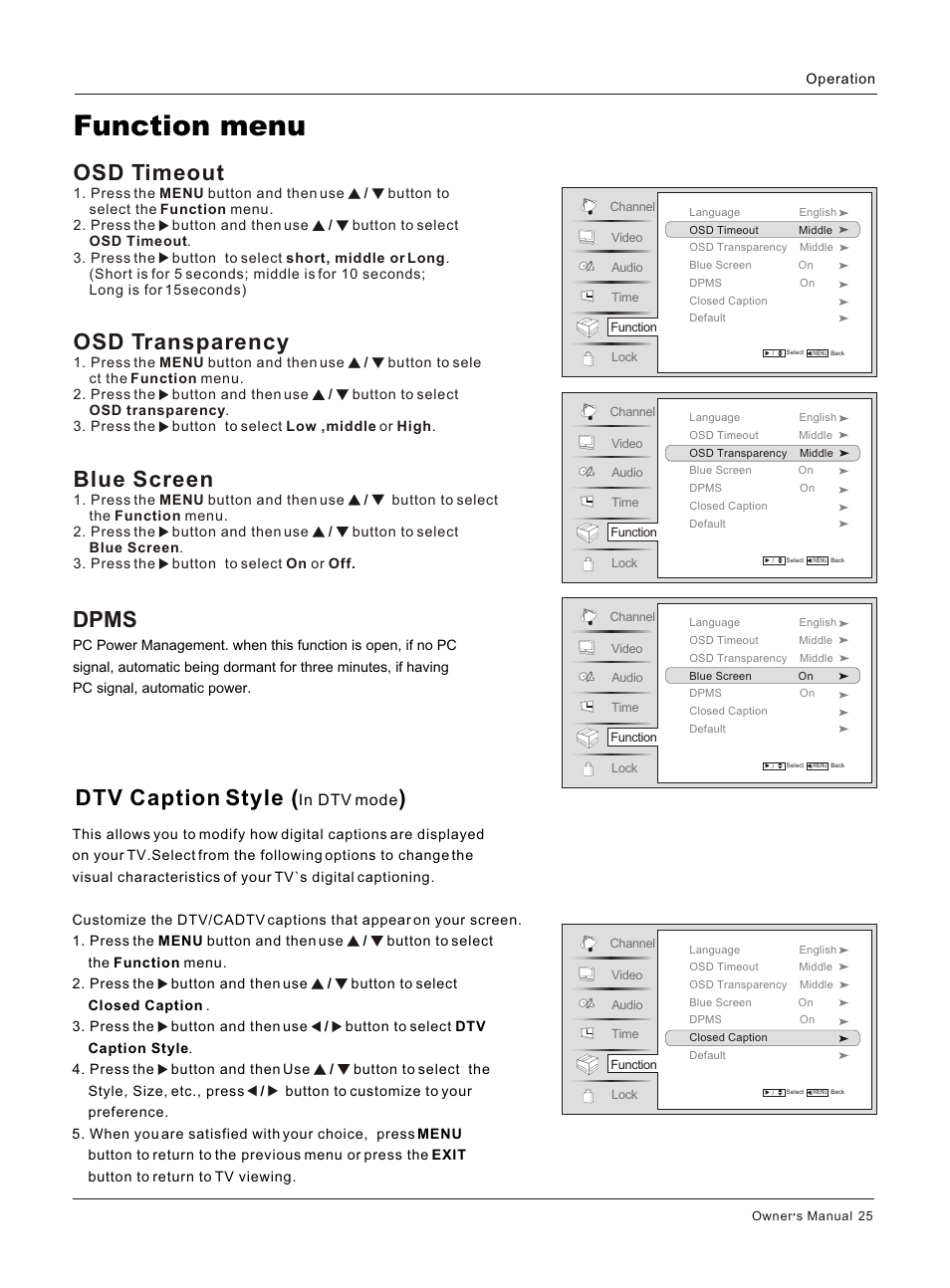 Т³гж 25, Function menu, Osd timeout | Osd transparency, Blue screen, Dpms, Dtv caption style | haier HL42BG User Manual | Page 25 / 42