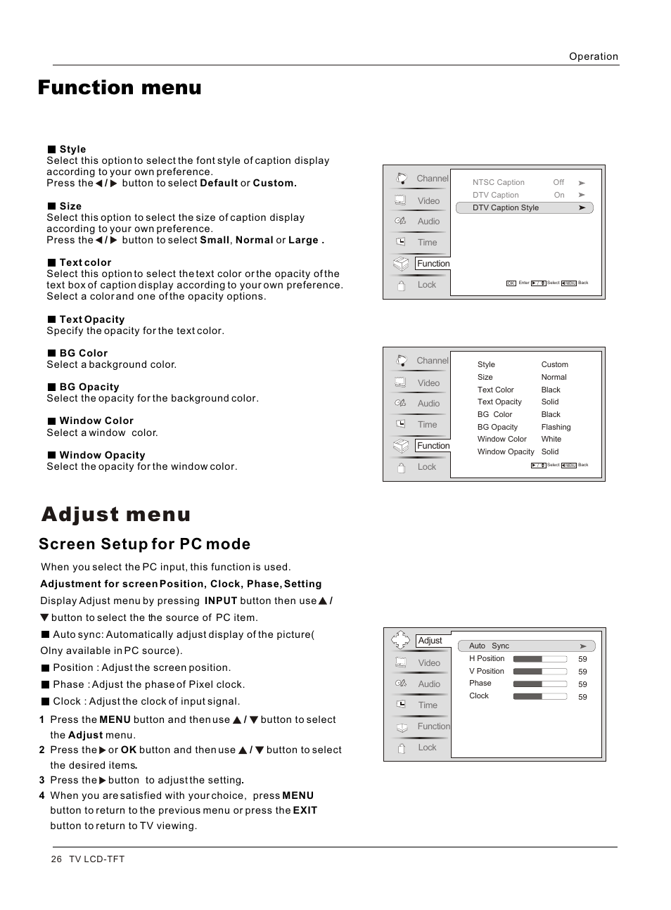 Т³гж 26, Function menu, Adjust menu | Screen setup for pc mode | haier HL42BG User Manual | Page 26 / 42