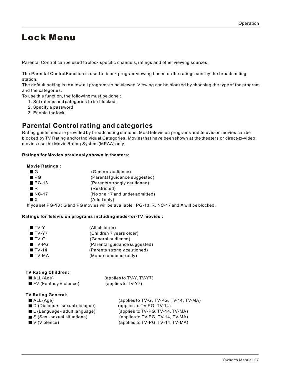 Т³гж 27, Lock menu, Parental control rating and categories | haier HL42BG User Manual | Page 27 / 42