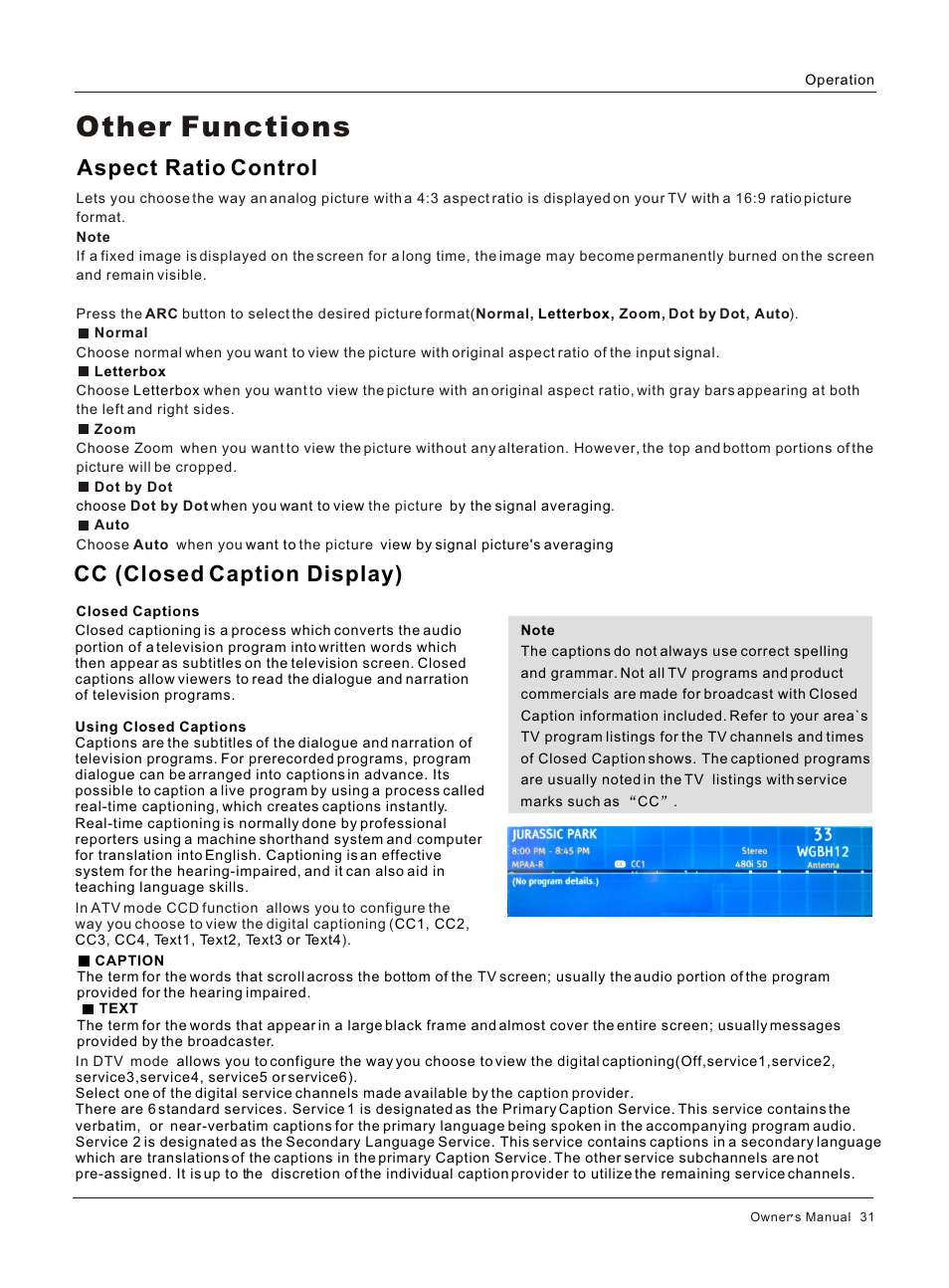 Т³гж 31, Other functions, Aspect ratio control | Cc (closed caption display) | haier HL42BG User Manual | Page 31 / 42