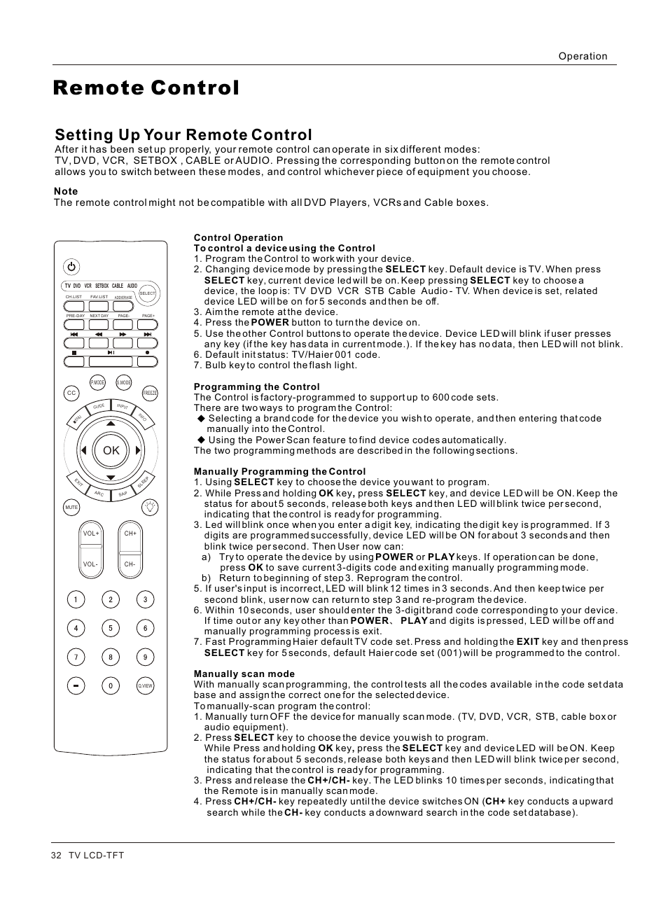 Т³гж 32, Remote control, Setting up your remote control | Operation | haier HL42BG User Manual | Page 32 / 42