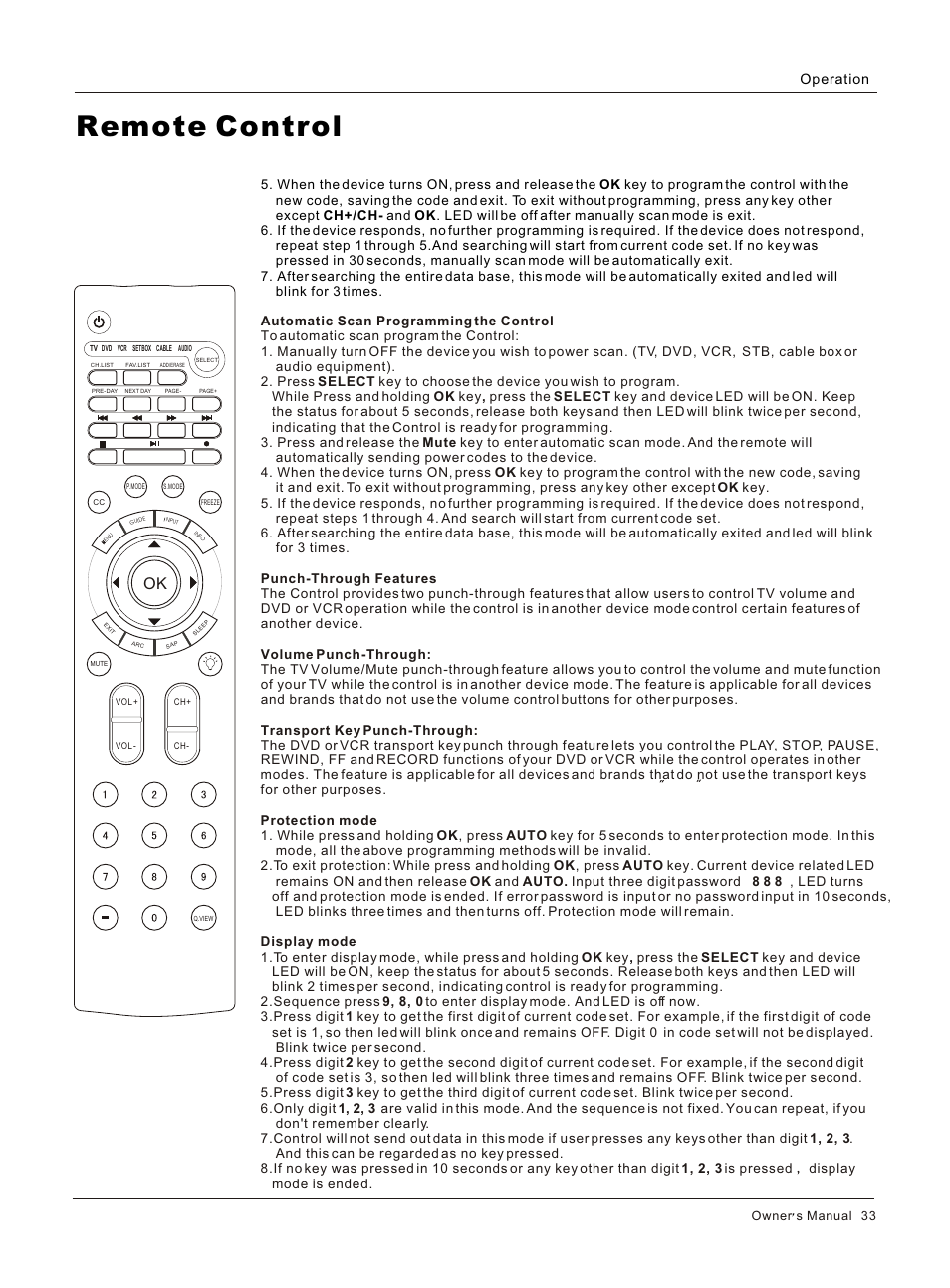 Т³гж 33, Remote control, Operation | Owner s manual 33 | haier HL42BG User Manual | Page 33 / 42