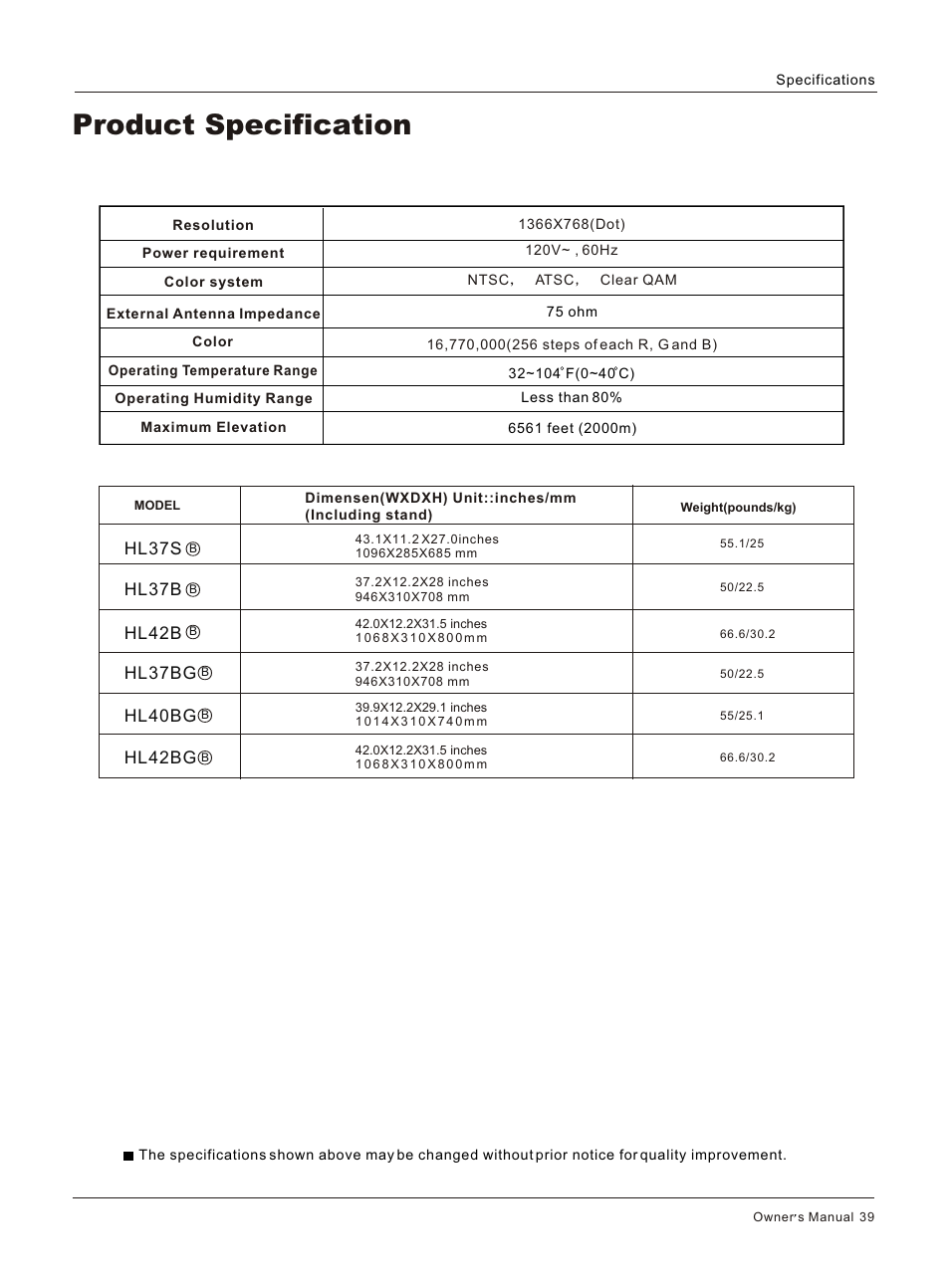 Т³гж 39, Product specification | haier HL42BG User Manual | Page 39 / 42