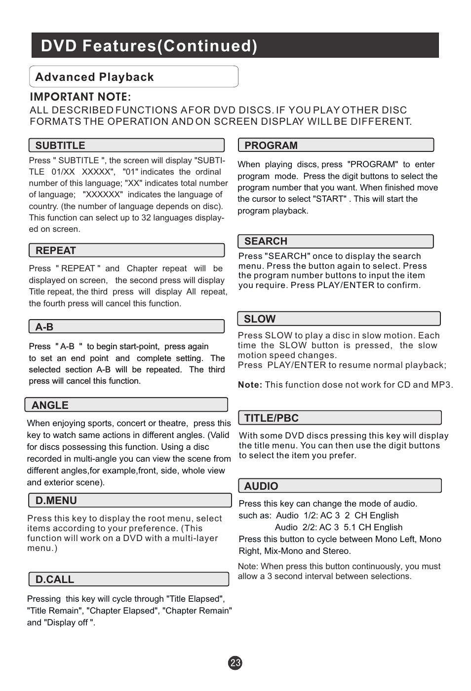 Dvd features(continued), Advanced playback | haier HLTDC19 User Manual | Page 28 / 39