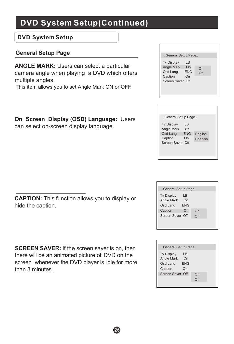 Dvd system setup(continued), This item allows you to set angle mark on or off | haier HLTDC19 User Manual | Page 31 / 39