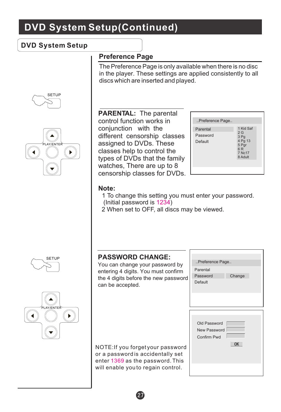 Dvd system setup(continued), Dvd system setup, Preference page | Password change | haier HLTDC19 User Manual | Page 32 / 39