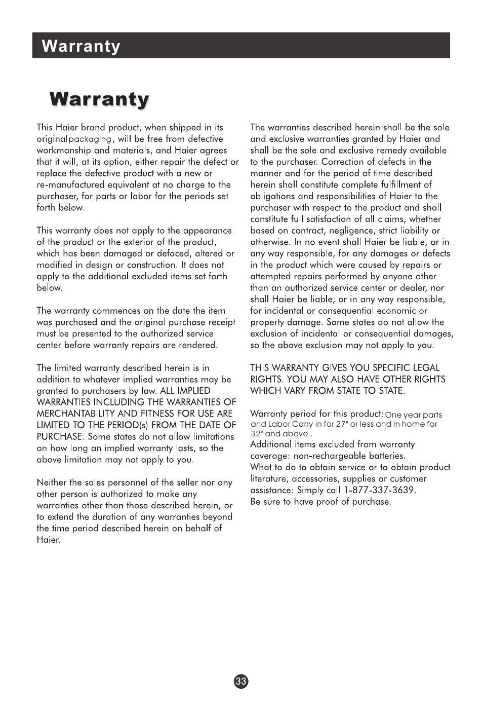 Warranty | haier HLTDC19 User Manual | Page 38 / 39