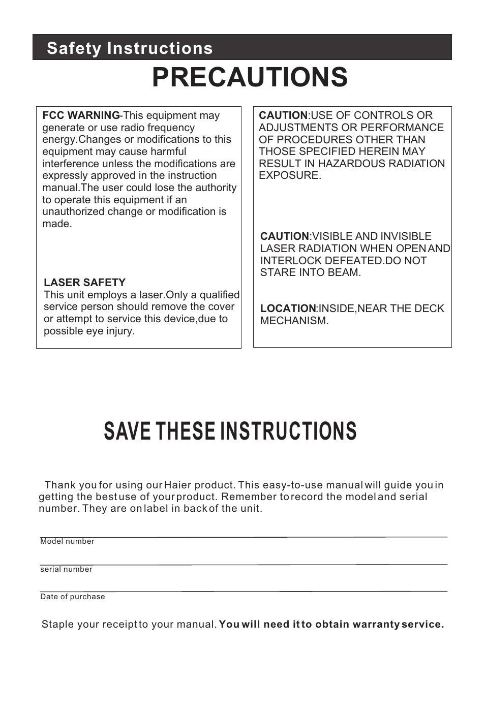 Precautions, Save these instructions, Safety instructions | haier HLTDC19 User Manual | Page 4 / 39