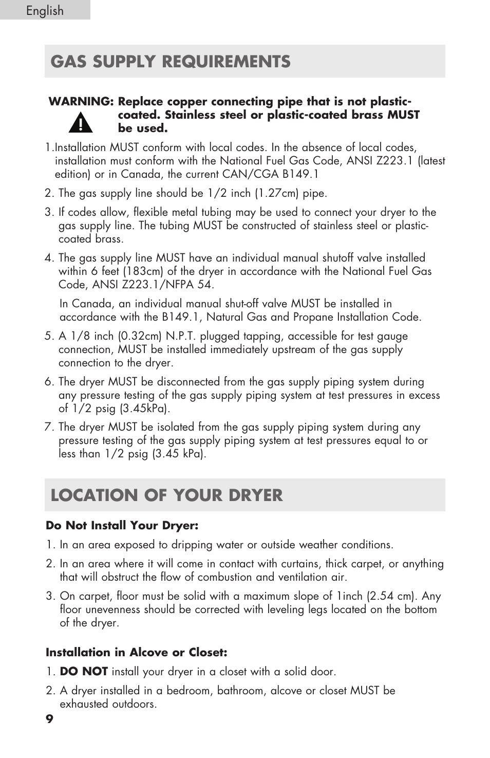 Gas supply requirements, Location of your dryer | haier GDE/GDG450AW User Manual | Page 10 / 80