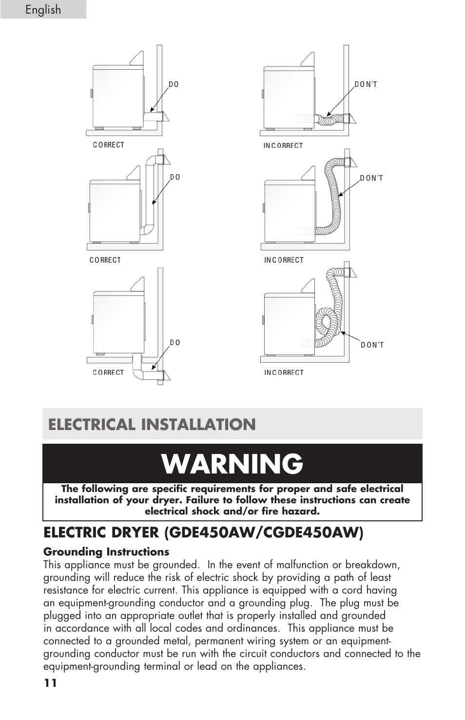 Warning, Electrical installation | haier GDE/GDG450AW User Manual | Page 12 / 80