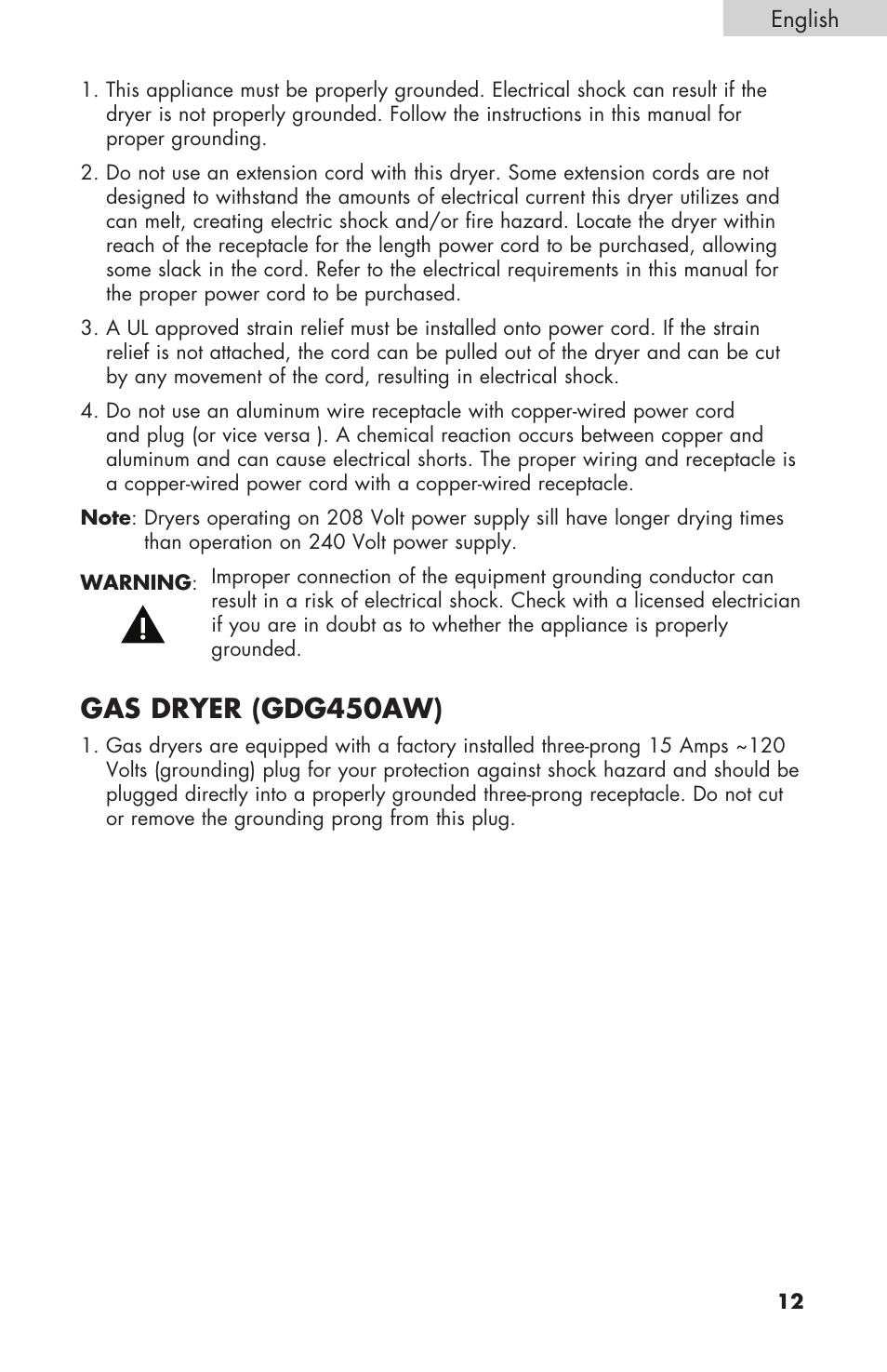 Gas dryer (gdg450aw) | haier GDE/GDG450AW User Manual | Page 13 / 80