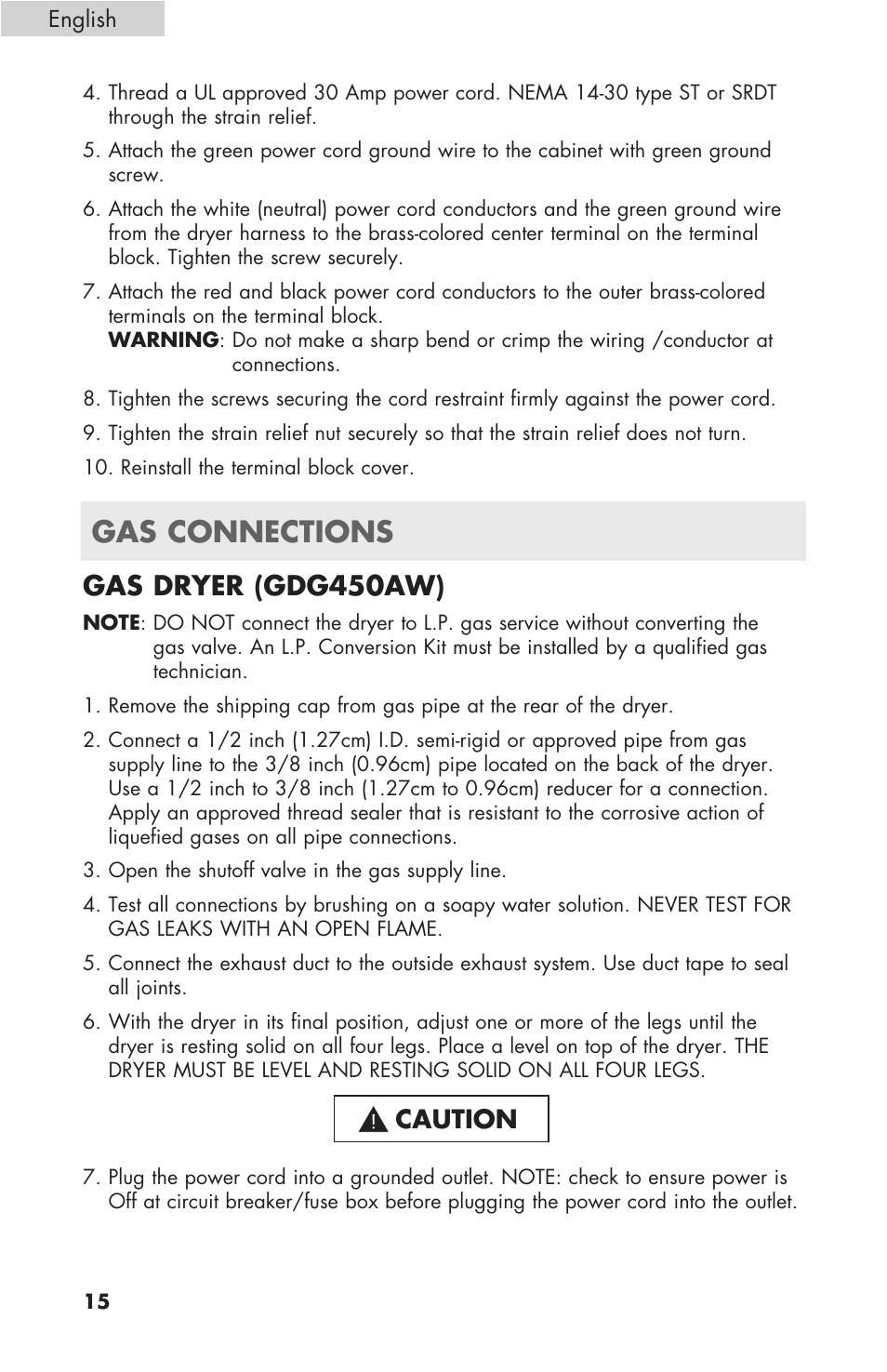 Gas connections, Gas dryer (gdg450aw), Caution | haier GDE/GDG450AW User Manual | Page 16 / 80