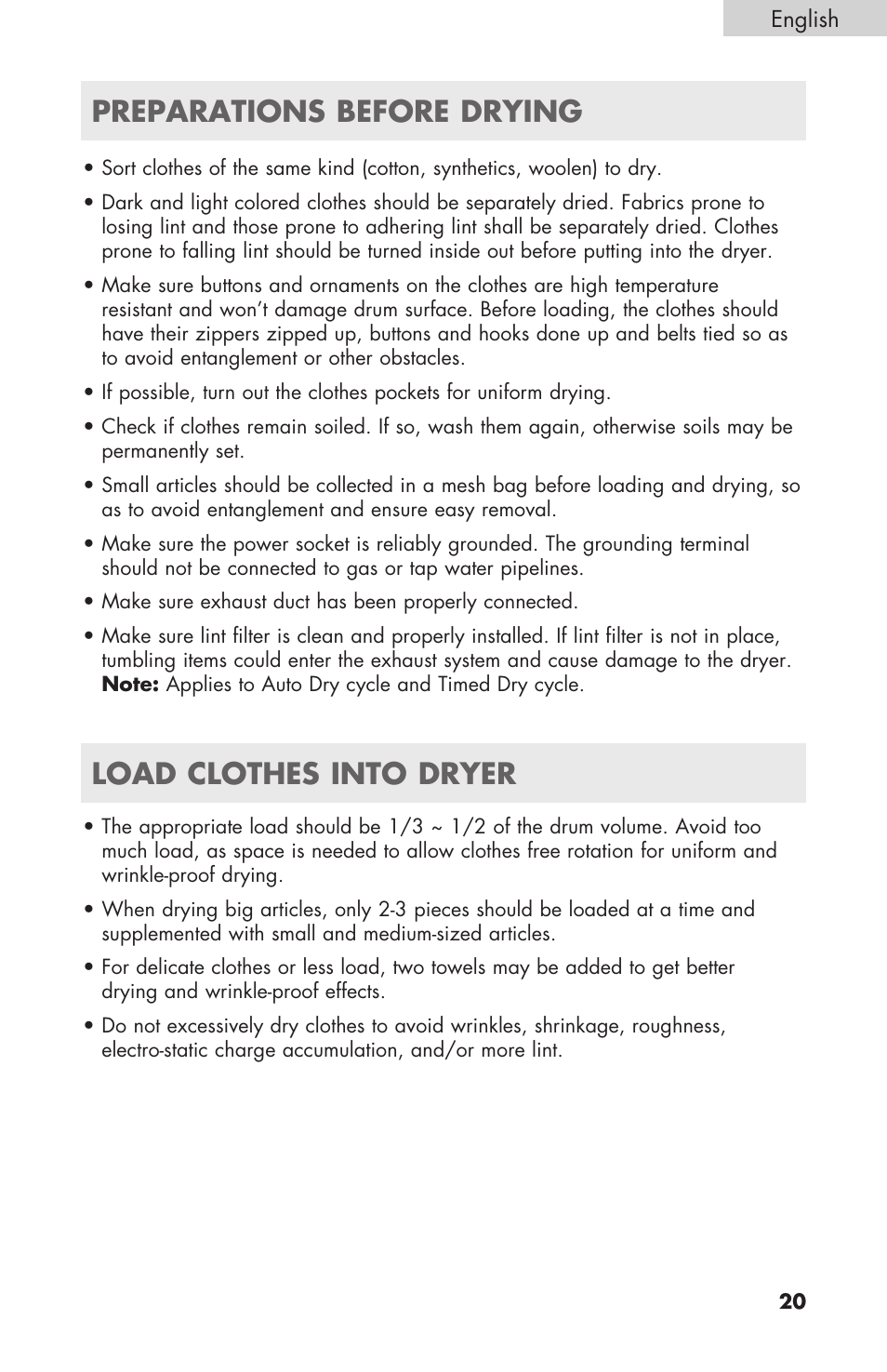 Load clothes into dryer, Preparations before drying | haier GDE/GDG450AW User Manual | Page 21 / 80