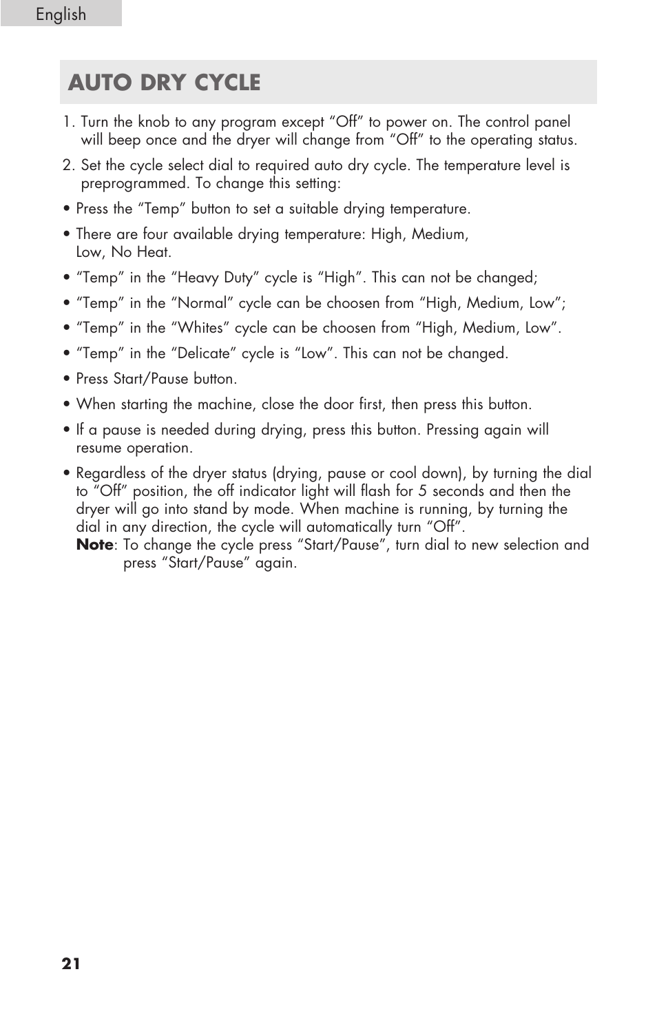 Auto dry cycle | haier GDE/GDG450AW User Manual | Page 22 / 80