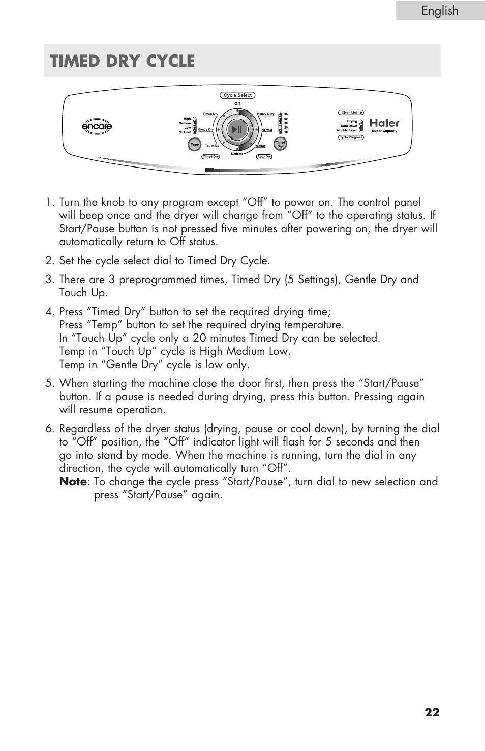 Timed dry cycle | haier GDE/GDG450AW User Manual | Page 23 / 80