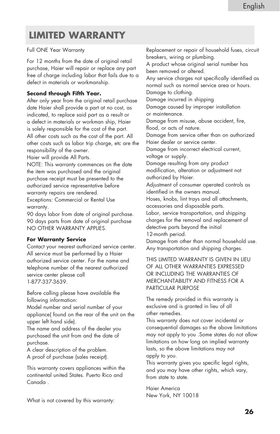 Limited warranty, English | haier GDE/GDG450AW User Manual | Page 27 / 80
