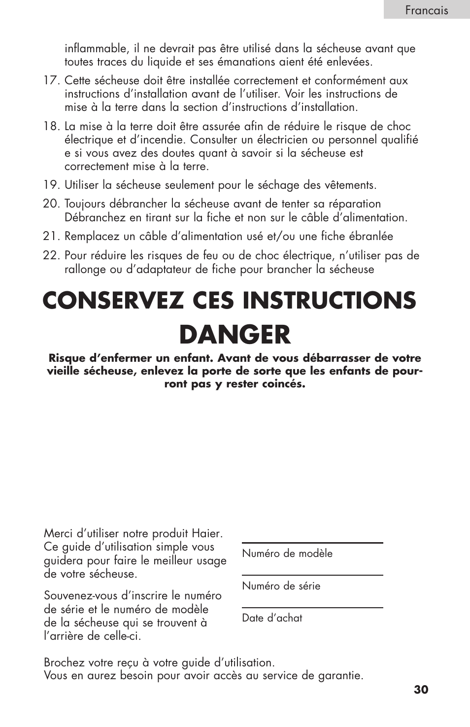 Danger, Conservez ces instructions | haier GDE/GDG450AW User Manual | Page 31 / 80