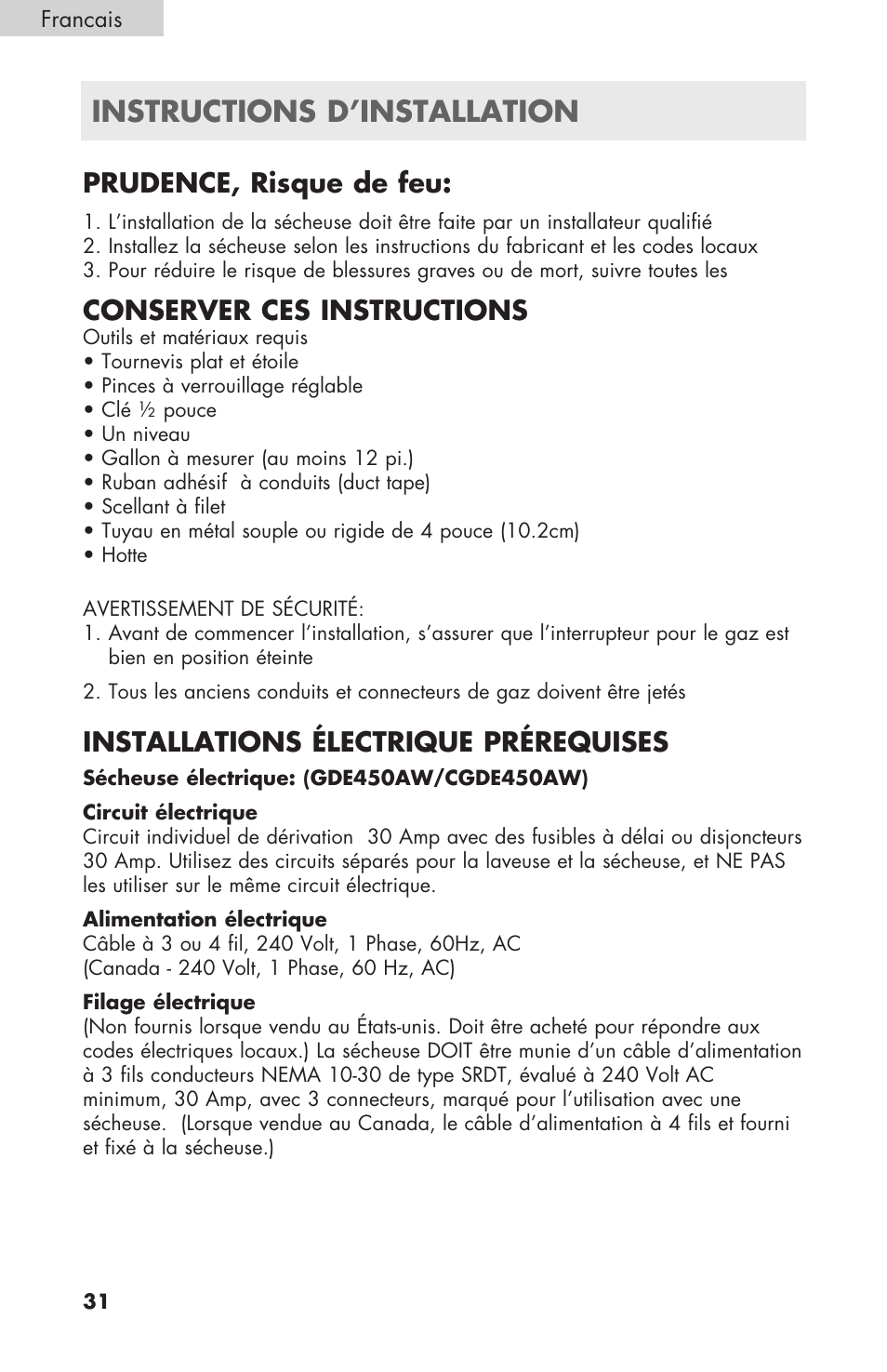 Instructions d’installation, Prudence, risque de feu, Conserver ces instructions | Installations électrique prérequises | haier GDE/GDG450AW User Manual | Page 32 / 80