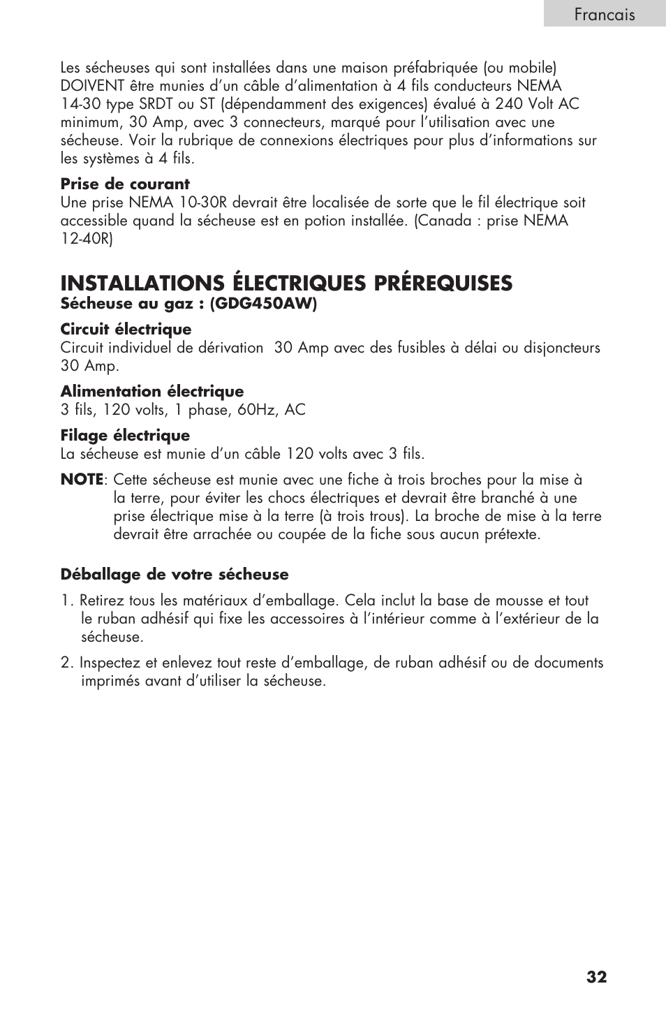 Installations électriques prérequises | haier GDE/GDG450AW User Manual | Page 33 / 80